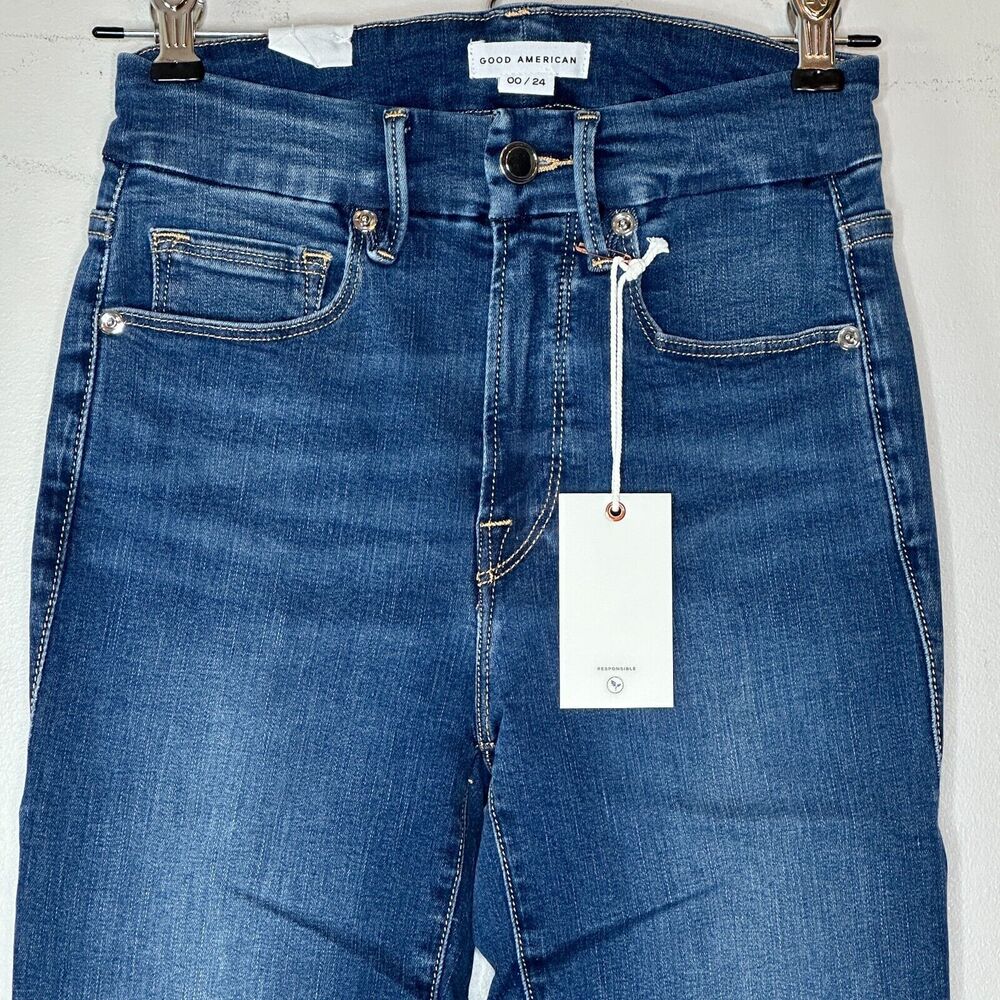 Good American Good Waist Crop Raw Hem Hi-Rise Jeans Skinny Blue331 00/24 NWT - Picture 4 of 10